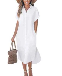 Cupshe Off-White Women's Denim Short Sleeve Button Down Midi Coverup Dress, XS - Picture 1 of 5