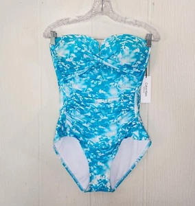 Calvin Klein Shirred SplitCup Bandeau One Piece Swimsuit Sz 10 Blue No Strap NWT - Picture 1 of 15