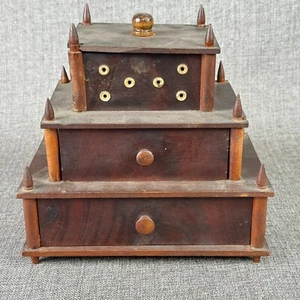 Antique Wood Shaker Three Tiers Sewing Box Spool Box 9"x 8"x 6" - Picture 1 of 12