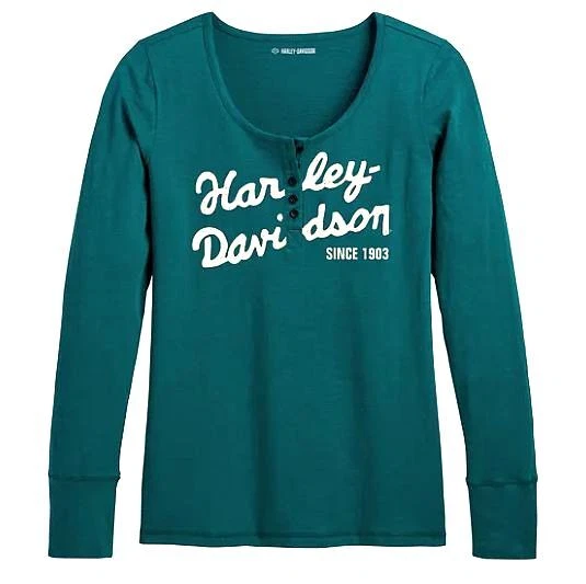Women Harley-Davidson Deep Teal Scoop Long Sleeve Shirt Medium 96243-23VW