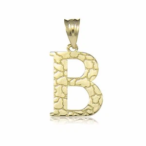 10K Solid Yellow Gold Nugget Initial Letter Pendant -A-Z Alphabet Necklace Charm - Picture 1 of 7