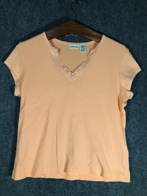 St Johns Bay Large Tee Peach Womens L T Shirt Cute Soft Cap Sleeve V Neck Lacey - Image 1 of 4