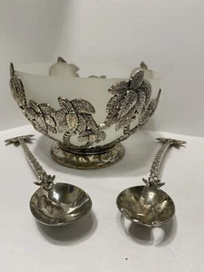 GODINGER 'PALME' SILBERTELLER MATTGLAS SALATSCHÜSSEL mit LÖFFEL & GABEL - Bild 1 von 12