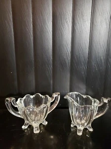 Pressed Glass Double Handle Footed Open Sugar Bowl and Creamer Scalloped Rim - Bild 1 von 10