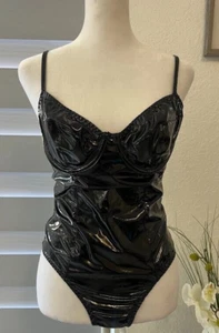 Body Hugging Shiny PU Black Leather latex Bodysuit – Size Small - Picture 1 of 4
