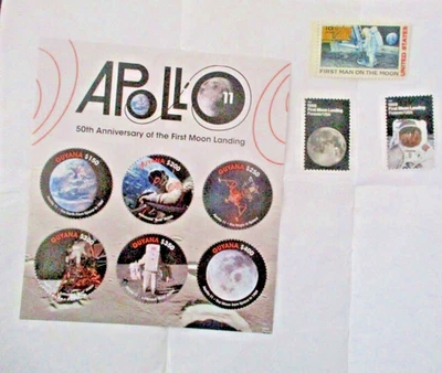 Moon Landing Souvenir Stamp Sheet Lot, 1 Sheet And 3 Singles MNH Gem Grade - Image 1 of 4
