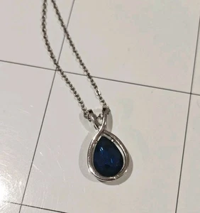 Vintage Silver Colour Teardrop With Blue Stone Chain Necklace Raindrop Gem 44cm - Picture 1 of 8