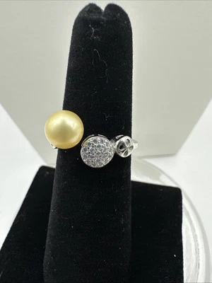 Beautiful Yellow Freshwater Pearl CZ Sterling Silver Bypass Ring Sz 6 - Image 1 of 4