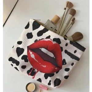 Corduroy Cosmetic Storage Bag Lip Pattern Printed Clutch Bags Travel - Picture 1 of 8