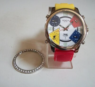 Men's Silver Finish Red & Yellow Band 5 Time Zone Date Fashion Hip Hop Watch - Image 1 of 4