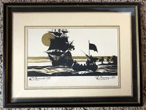 um 1920 FRANZÖSISCHE DECOUVERTE-ENTDECKUNG schwarz/gold LITHO Silhouette Schoner Schiff - Bild 1 von 8