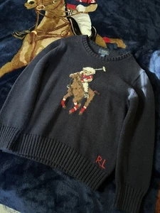 Boys Knit Ralph Lauren Sweater Teddy Bear On Pony Size 7 - Picture 1 of 3