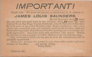 Missing Person Post Card James L. Saunders California 1899 Confederate Veteran - Picture 1 of 2