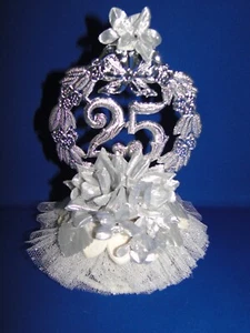 New Elegant 25th Wedding Anniversary Caketop with Silver Floral & #25 Decor, #52 - Picture 1 of 10