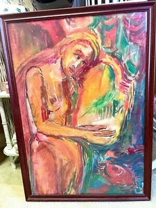 Quadro con cornice ragazza con pesce arancio/rosso/verde (come Chagall) - Foto 1 di 2