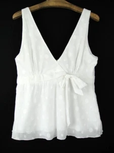 Salaam Size M 100% Cotton White Faux Wrap Back Zip V Neck Dot Tank Top - Picture 1 of 9