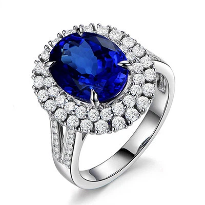 Bonito anillo de compromiso de diamantes de tanzanita 100 % naturales AAAA de oro blanco sólido de 14K  Foto 1 de 4