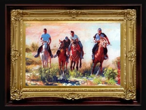 ORIGINAL Oil Painting Handmade Arseni ~ FOUR HORMESTERS 6" X 4" NO FRAME Art USA - Picture 1 of 11