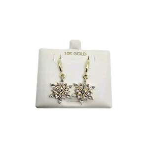 New 10K Gold Plated Small Drop Earrings Two Colored Snowflake Design Adorable - Picture 1 of 7