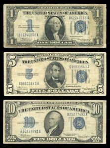 1934 Set of 3 Silver Certificates $1 Funny Back $5 and $10 Blue Seal Rare Set.