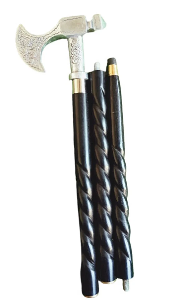 Hacha bávara de peltre macizo hecha a mano de palo de rosa antiguo pulido bastón hacha de bastón Foto 1 de 4