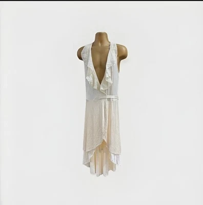 Vestido Alice + Olivia Mujer Mediano Blanco Seda Volantes Alto Bajo Maxi Sin Mangas Foto 1 de 4