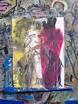 Face Hidden By Ghost Abstract Acrylic and Pen  ATC OOAK ORIGINAL 3.5 x 2.5 in - Image 1 of 3