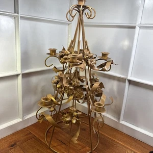 MCM Gold Metal Candelabra Christmas Tree 9 Candle Holder Acorn Leaf Ribbon 23" t - Picture 1 of 8
