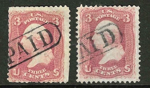 Sc #65 x 2 Shades PAID Fancy Cancel 3 Cent Washington 1861 Civil War US 29B213 - Picture 1 of 3