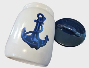 Anchor Ceramic Canister Cookie Jar White w Navy Handled Top Nautical Storage - Foto 1 di 3