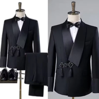 Black Men's Suits Shawl Lapel Evening Party Prom Wedding Groom Tuxedo Two Pieces - Image 1 of 4