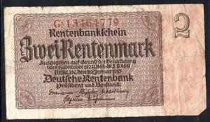 Germany 2 Rentenmark 13464779 Vintage 3rd Reich Money Banknote, Circulated - Picture 1 of 2