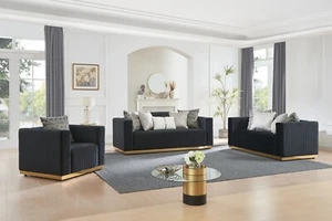 NEW 3PC Black Gold Sofa Loveseat Chair Velvet Contemporary Glam Living Room Set - Picture 1 of 4