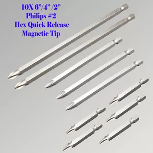 10x 6"/4"/2" Phillips #2 Screw Driver Bit Quick Release Hex Shank Magnetic Tip - Picture 1 of 2