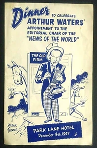Menú de cena News Of The World nuevo editor Arthur Waters Park Lane Hotel 1947 - Imagen 1 de 3