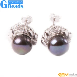 Earrings Women 9mm Freshwater Pearl White Gold Plated Frame Stud Free Shipping - Picture 1 of 9