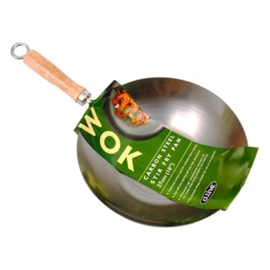 New Wok Professional Carbon Steel Chinese Wood Handle Flat Base Stir Fry 27cm - Picture 1 of 2