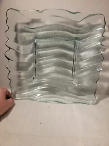 Blue Green Tint Ruffle Glass Tray, Square Serving Bowl, Centerpiece 12 In Heavy - Picture 1 of 11