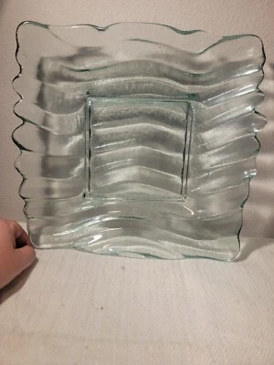 Blue Green Tint Ruffle Glass Tray, Square Serving Bowl, Centerpiece 12 In Heavy  - Image 1 of 4