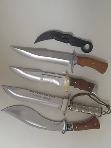 Set 5 Knives - 1 Survival Outdoor 2 Bowie Hunting 1 Kukri 1 Folding Karambit - Picture 1 of 9