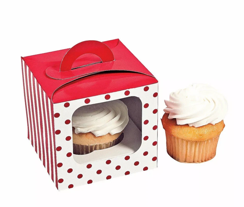Caixas de cupcake de bolinhas vermelhas com alça, suprimentos para festas, 12 peças - Imagem 1 de 1