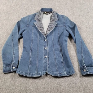 Christine Alexander Jacket Womens Medium Blue Denim Crystal Embellished Blazer - Picture 1 of 8
