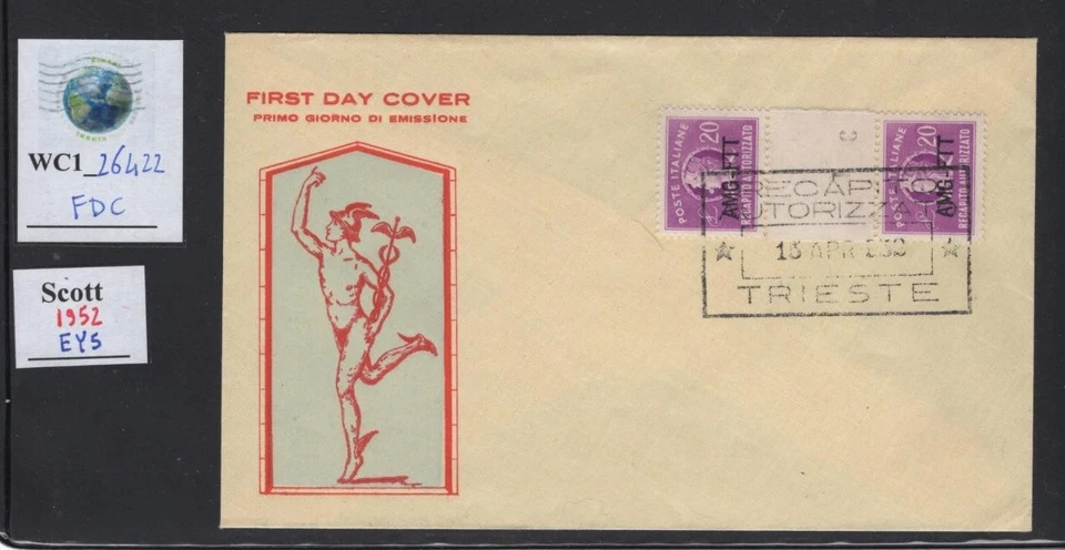 WC1_26422. TRIESTE FTT. FDC w. gutter pairs of 1952 20 L. Auth. Delivery. Sc.EY5 - Image 1 of 1