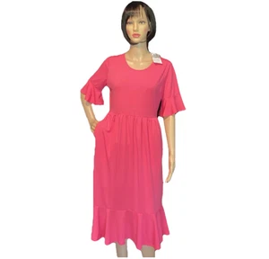 WOMENS DRESS BELL SLEEVE MIDI WITH POCKETS HOT PINK MEETRENDI MEDIUM - Picture 1 of 11