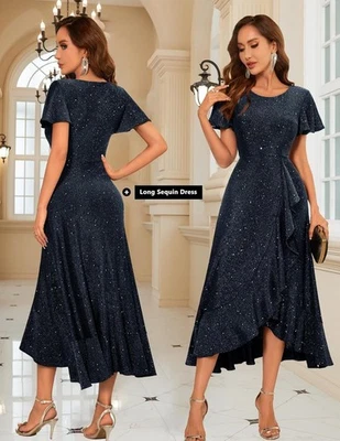 Damen Abendkleid Lang Glitzer Ballkleid Rüschen Saum Kleid Festliche Kleider - Bild 1 von 4