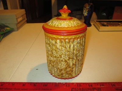 Vintage Italian Art Pottery Canister Jar w/Lid, Red & Yellow/Gold Floral Pattern - Image 1 of 4