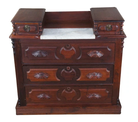 Antique Victorian Carved Walnut Step Back Dresser Chest Marble Glovebox Drawers Cover