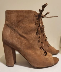 Sam Edelman "Yvie" Cognac Suede Lace Up Zip Block Heel Booties sz.8/38 MSRP $175 - Picture 1 of 11