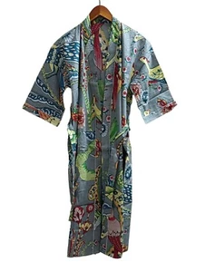 Indian Handmade Vintage Kimono Bird Print Cotton Bath Robes Maxi Night Gown - Picture 1 of 6