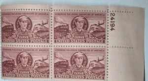 9368) 1: Plate Block 3¢ Honoring Railroad Engineers of America US Postage Stamp - Picture 1 of 2